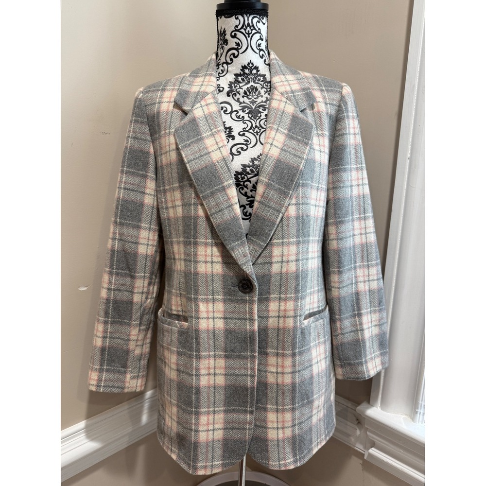 Vintage Wool Blend Plaid Blazer Grey Pink Jacket 8 Old Money Clueless Oversized